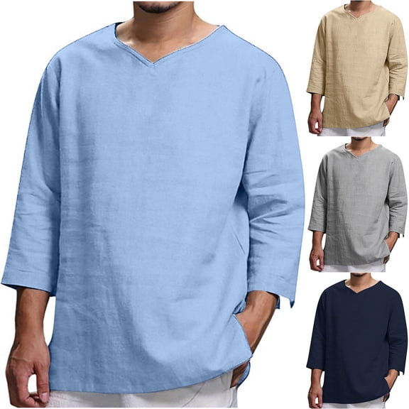 YanHoo Mens Linen V-Neck Shirts Loose Fit Casual Long Sleeve Hippie Yoga Tops Lightweight Summer Beach Vacation Shirt Navy,XXL