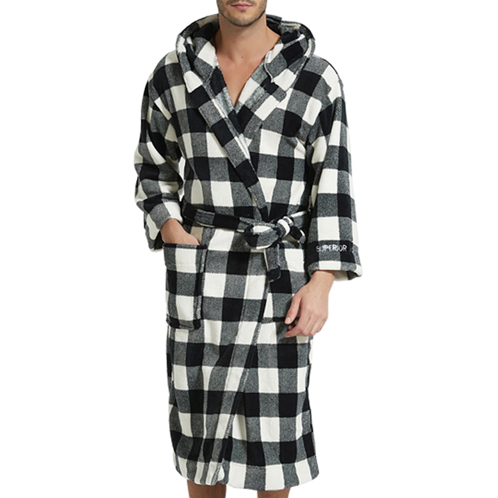 YanHoo Mens Plaid Flannel Robe Fluffy Fleece Sherpa Hooed Bathrobe Sofy Plush Thick Mid Length ...