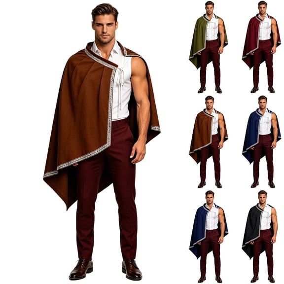 YanHoo Mens Renaissance Shawl Half Shoulder Cape Medieval Cloak Embroidered Trim Halloween Cosplay Costume