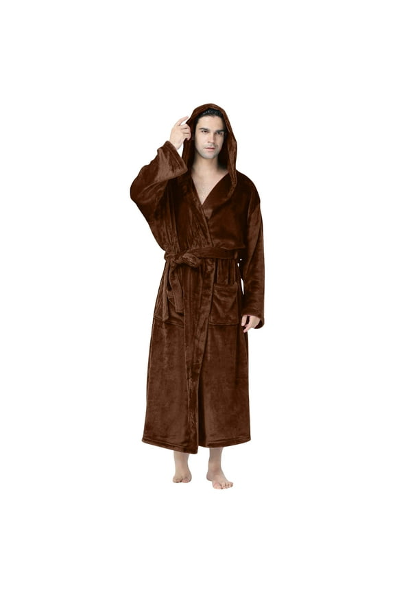 Mens Robe with Hood, Luxury Plush Fleece Mens Bathrobe, Spa Bath Robe for Men Fluffy Hooded Robe with Belt & 2 Pockets Brown,S