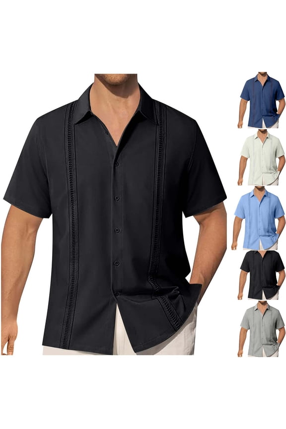 Mens Short Sleeve Guayabera Shirts Linen Cotton Button Down Mexican Cuban Camp Wedding Shirt Summer Beach Tops White,L