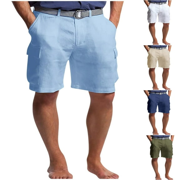 YanHoo Mens Shorts Cotton Linen Stretch Shorts Elastic Waist Drawstring Lightweight Casual Summer Beach Work Shorts with Pockets Dark Blue,L