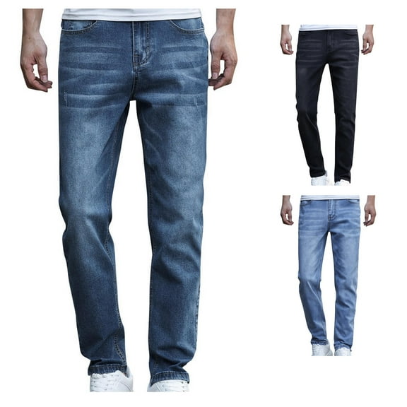 YanHoo Mens Slim Fit Jeans Classic Stretch Mid-Waist Straight Leg Jeans Denim Pants Carpenter Jean with Zipper Blue,M