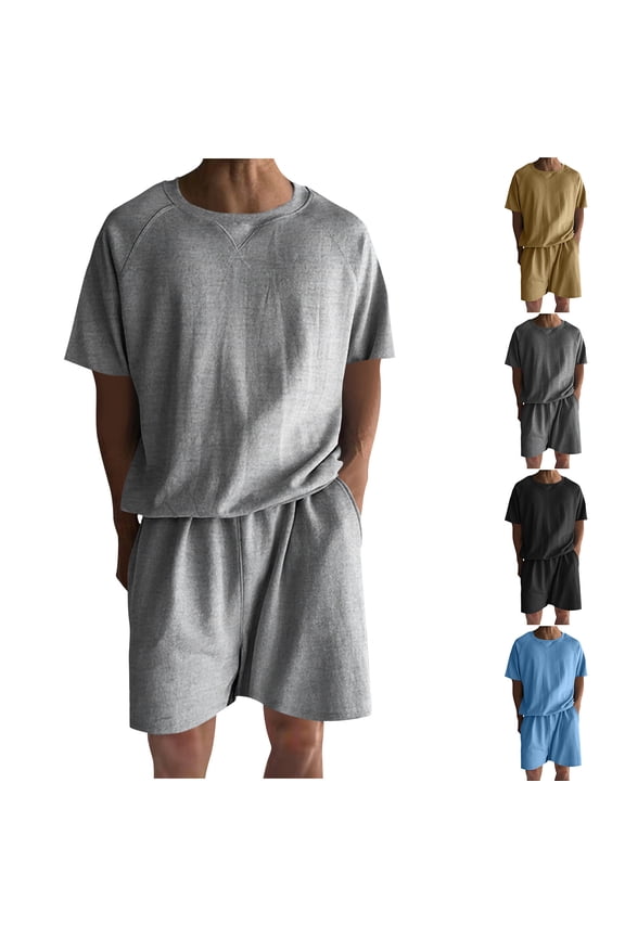Mens Summer 2 Piece Set Casual Outfits Crewneck Short Sleeve Shirt & Loose Shorts Sets Plain Tracksuit Walking Suits for Beach Vacation 2026 Light Blue,XL