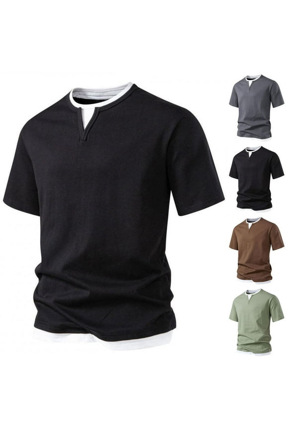 Mens Tee Shirts Double Layers V Neck Short Sleeves Casual T Shirts Loose Solid Basic Tee Tops Lightweight Summer Shirt Tees Black,XL