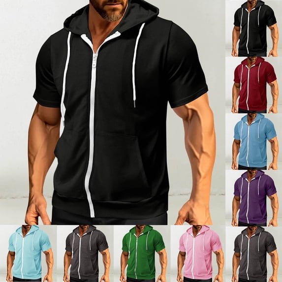 YanHoo Mens Zip Up Hoodies Short Sleeve Solid Color Hooded Shirts Casual Comfy Jackets