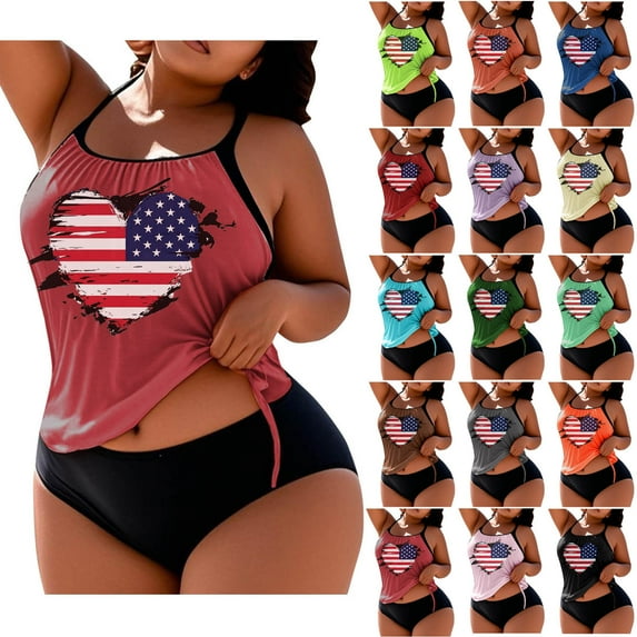 YanHoo Modest Swimsuits for Women Tankini 2 Piece Patriotic Bathing Suits 4th of July Plus Size Swim Tank Tops with Shorts Watermelon Red,XXL