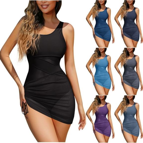 YanHoo One Piece Swimsuit Women Tummy Control Mesh Oatchwork Bathing Suit Slimming Ruched Swimwear with Sarong Wraps Skirt Black,XL