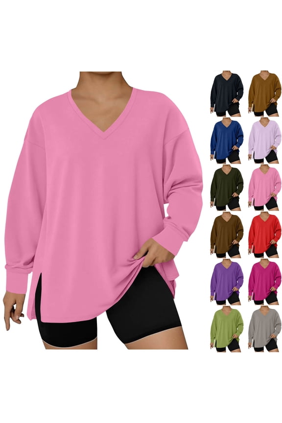 Oversized Tunic Tops for Women,Womens Plus Size Tops V Neck Side Split Blouses Loose Fit Long Sleeve Fashion Pullover Spring Outfits Purple,XXL