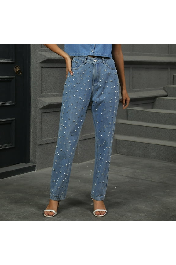 Pearl Jeans for Women Straight Leg High Waisted Stretch Jeans Loose Fit Casual Denim Pants with Pockets Blue,XXL