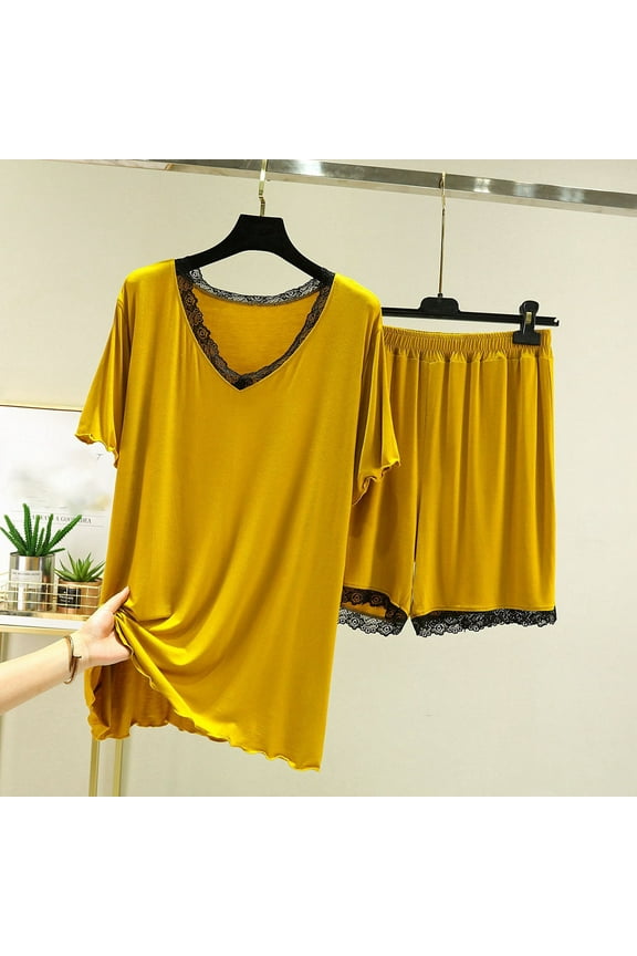 Petite Pajama Sets for Women 2 Piece V Neck Lounge Set Lace Trim Short Sleeve Tops and Shorts Pant Soft Comfy Pjs Sleepwear Outfits