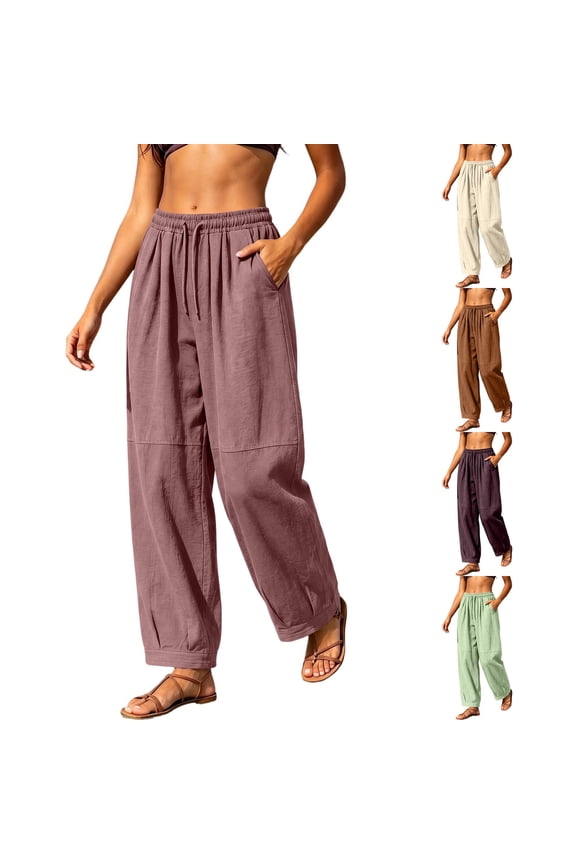 Plus Size Cotton Linen Pants for Women Elastic Waisted Drawstring Wide Leg Pant Casual Loose Straight Trousers with Pockets