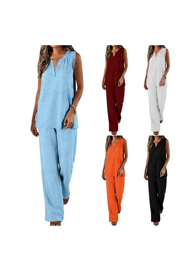 Plus Size Cotton Linen Sets for Women Sleeveless V Neck Tank Tops Matching Wide Leg Pants Summer 2 Piece Casual Set