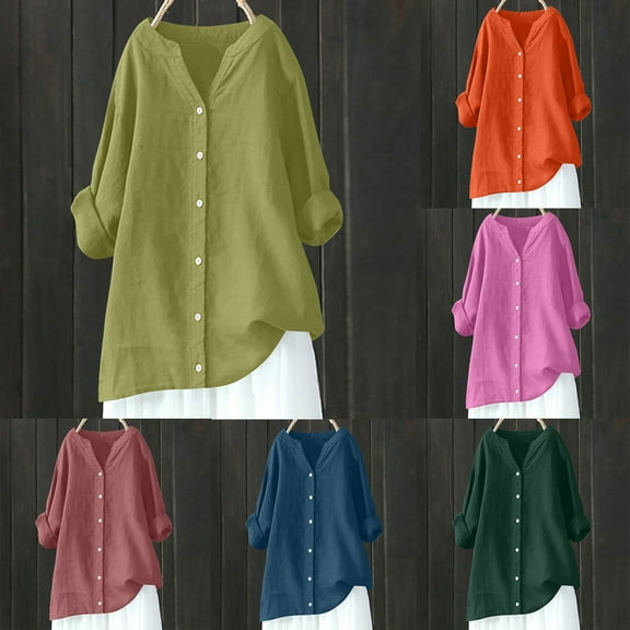 YanHoo Plus Size Cotton Linen Tops for Women 3/4 Roll-Up Sleeve V Neck Button Down Henley Shirts Casual Solid Tunic Blouse Army Green,XXL