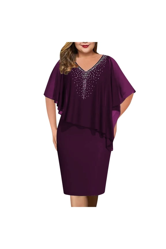 Plus Size Dresses for Women Dressy Sequin Party Midi Dress V Neck Chiffon Knee Length Dresses Cocktail Dresses for Women 2026 Womens Dress Sale