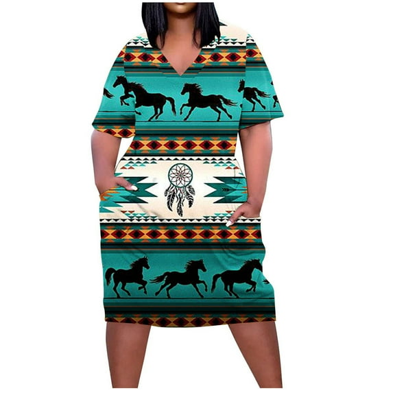 YanHoo Plus Size Dresses for Women 2024 Summer Short Sleeve Sundress with Pockets Loose Fit Casual Vintage Graphic T-Shirts Dress