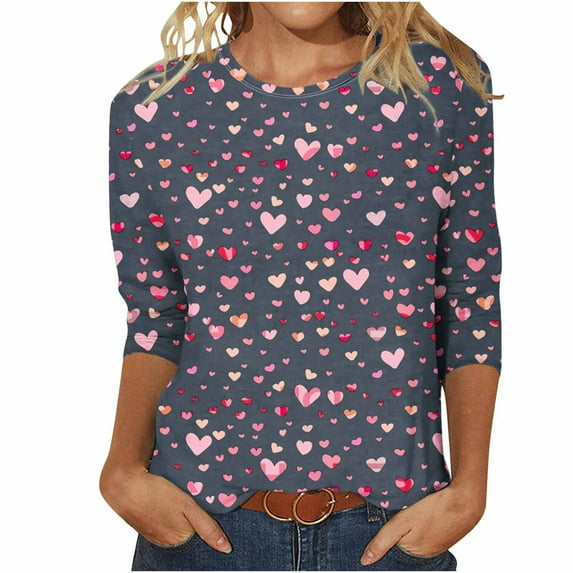 YanHoo Plus Size Dressy Tops for Women 3/4 Sleeve Clearance Women 3/4 Sleeve Shirt Valentine's Day Tops Casual Crewneck 3/4 Length Sleeve Pullover Spring Ladies Valentine Gifts under 10 dollars