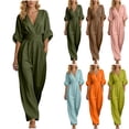 thumbnail image 1 of YanHoo Plus Size Jumpsuit for Women Half Sleeve V Neck Jumpsuits Wide Leg Pants Rompers with Pockets, 1 of 7