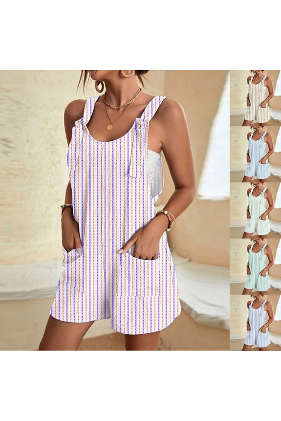 Plus Size Jumpsuits for Women Sleeveless Adjustable Strap Overalls Striped Color Block Shorts Rompers with Pockets