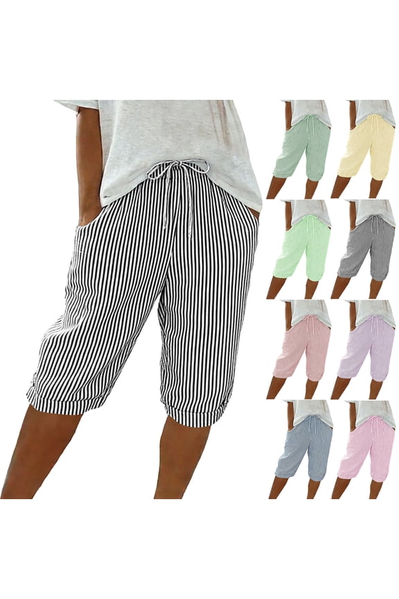 Plus Size Linen Shorts for Women Elastic Waisted Drawstring Striped Short Pants Summer Casual Knee Length Long Shorts with Pockets