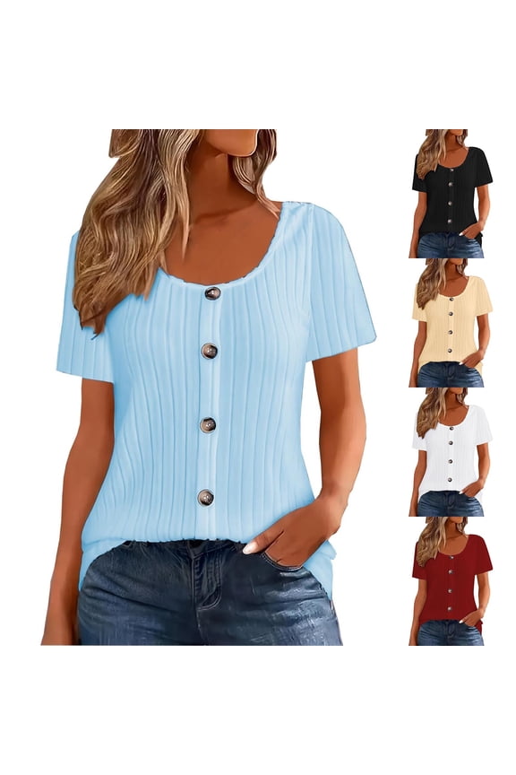 Plus Size Shirts for Women Ribbed Knit Short Sleeve Button Down Blouses Loose Fit Solid Color Tunic Tops Summer Casual Everyday Tee