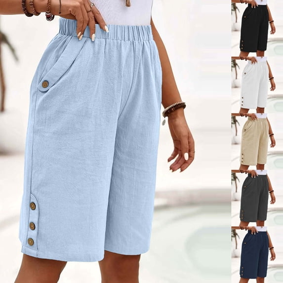 YanHoo Plus Size Shorts for Women Linen Elastic Waisted Knee Length Short Pants Summer Solid Color Casual Long Shorts with Pockets