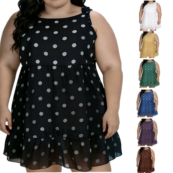 YanHoo Plus Size Summer Sleeveless Tank Dress for Women 2026 Swiss Dot Printed Beach Tshirt Tank Sundress Loose Casual Chiffon Ruffled Dresses Brown,M