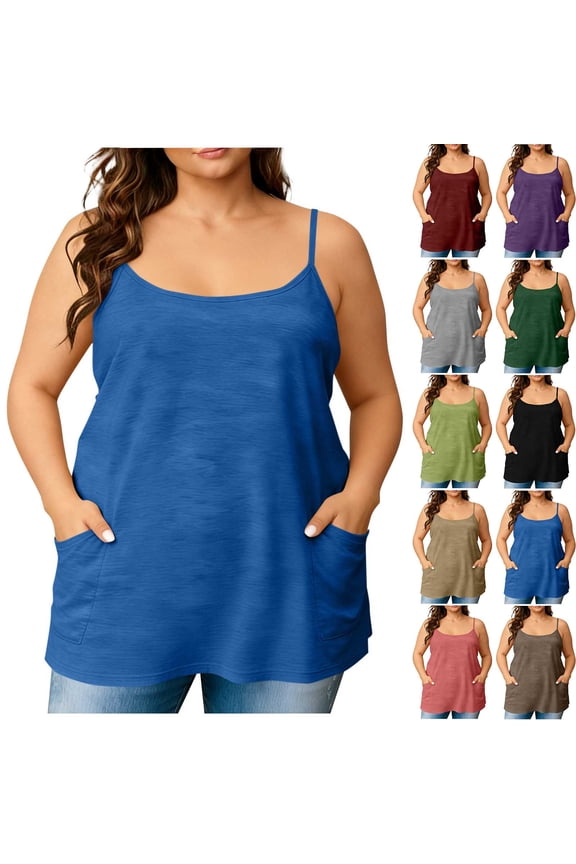 Plus Size Tank Tops for Women Summer Long Cotton Camisole Spaghetti Strap Tank Top Sleeveless Loose Cami Tops with Pockets Pink,XXXXXL