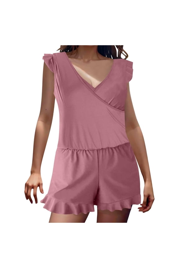 Romper Swimsuits for Women with Pockets One Piece Ruffle Bathing Suit V Neck Swimwear Ruffle Shorts Swimsuits