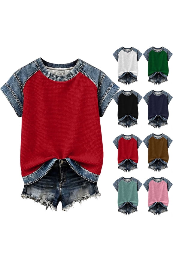 Shirts for Women Trendy Short Sleeve Crewneck Patchwork T-Shirts Summer Casual Going Out Tee