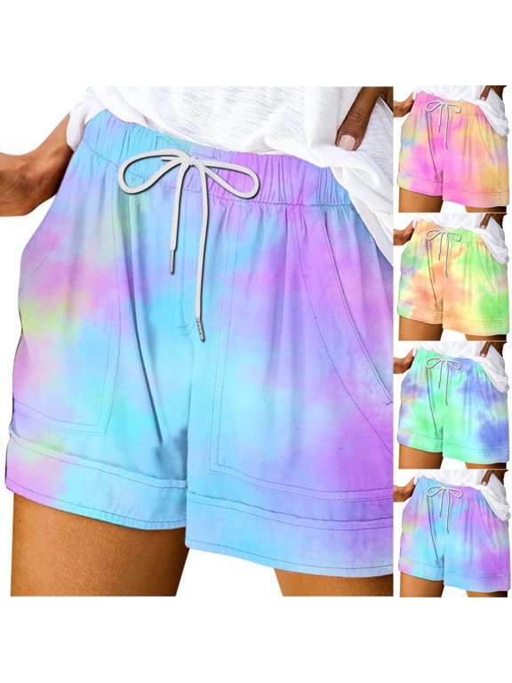 Shorts for Women Trendy Tie-Dye Elastic Waisted Drawstring Short Pants Summer Casual Going Out Beach Shorts with Pockets