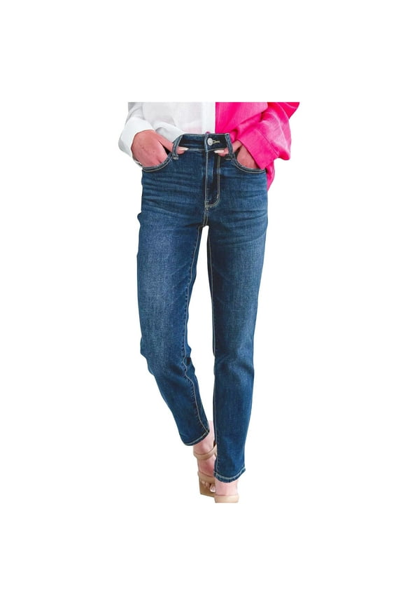 Skinny Jeans for Women Trendy Spring Fall High Waist Straight Leg Stretchy Denim Pants with Pockets Dark Blue,M