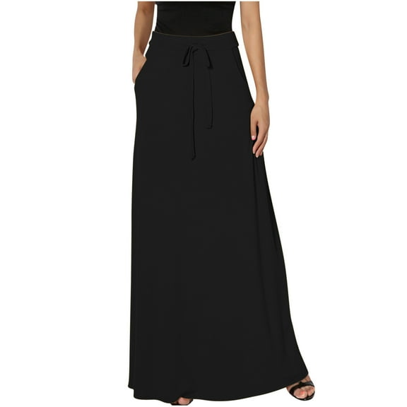 YanHoo Skirts for Women Maxi Length Drawstring Waist Long Skirts with Pocket Plus Size Casual Ankle Length Long Skirts