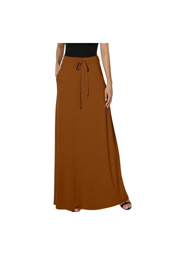 Skirts for Women Maxi Length Drawstring Waist Long Skirts with Pocket Plus Size Casual Ankle Length Long Skirts