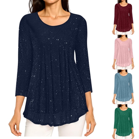 YanHoo Sparkle 3/4 Sleeve Tunic Tops for Women 2026 Sequin Glitter Pleated Dressy Blouse Crewneck Loose Fit Lightweight Shimmer Party Shirts Light Blue,XL