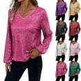 thumbnail image 1 of YanHoo Sparkly Sequin Shirts for Women Lantern Long Sleeve V Neck Dressy Blouses Glitter Shimmer Disco Party Club Concert Outfits White,M, 1 of 8