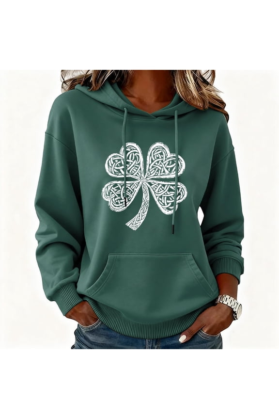 St. Patrick's Day 2026 Womens Hoodies Long Sleeve Sweatshirt Shamrock Clover Printed Loose Fit Lightweight Pullover Tops