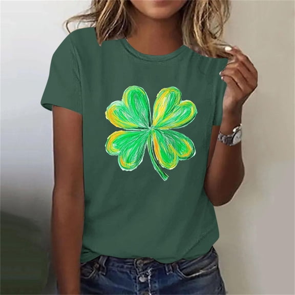 YanHoo St. Patrick's Day Womens T-Shirts 2026 Short Sleeve Crew Neck Shirts Clover Shamrock Printed Trendy Casual Dressy Business Work Blouses