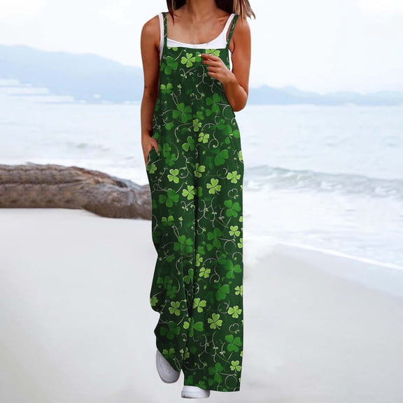 YanHoo St Patricks One Piece Jumpsuits for Women Casual Sleeveless Wide Leg Rompers Jumpers Leaf Print Vacation Summer Outfits
