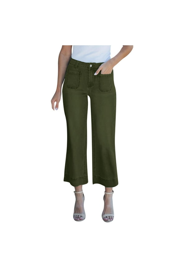 Straight Leg Cropped Jeans for Women Wide Leg High Waisted Stretchy Jean Baggy Trendy Denim Pants with Pockets Army Green,M