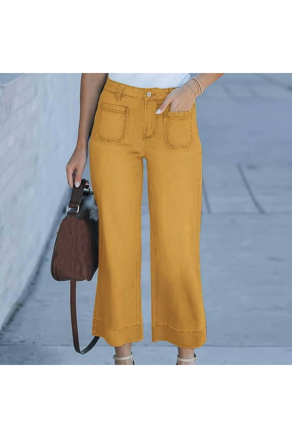 Straight Leg Cropped Jeans for Women Wide Leg High Waisted Stretchy Jean Baggy Trendy Denim Pants with Pockets Yellow,M