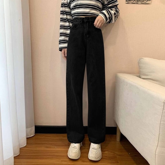YanHoo Straight Leg Jeans for Women High Waist Casual Jeans Trendy Fall Wide Leg Denim Pants Stretch Trousers with Pockets Black,XXL