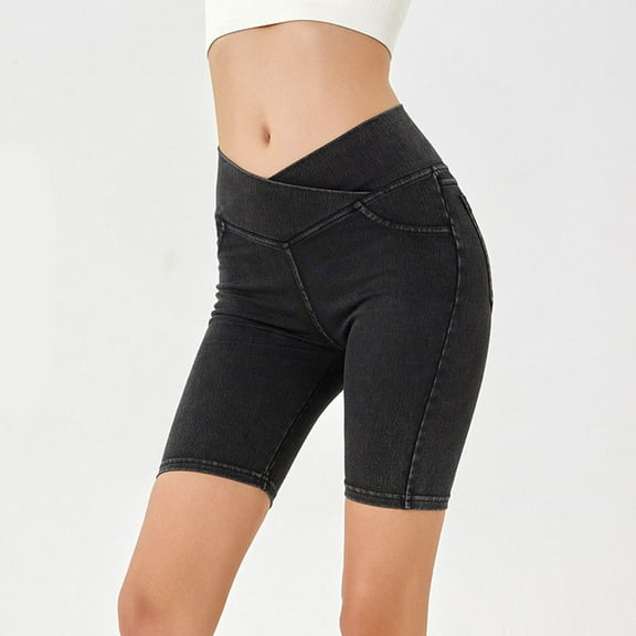 YanHoo Stretchy Crossover Jean Shorts for Women High Waisted Pull On Jorts with Pockets Ladies Summer Bermuda Biker Denim Shorts Dark Gray,XXL