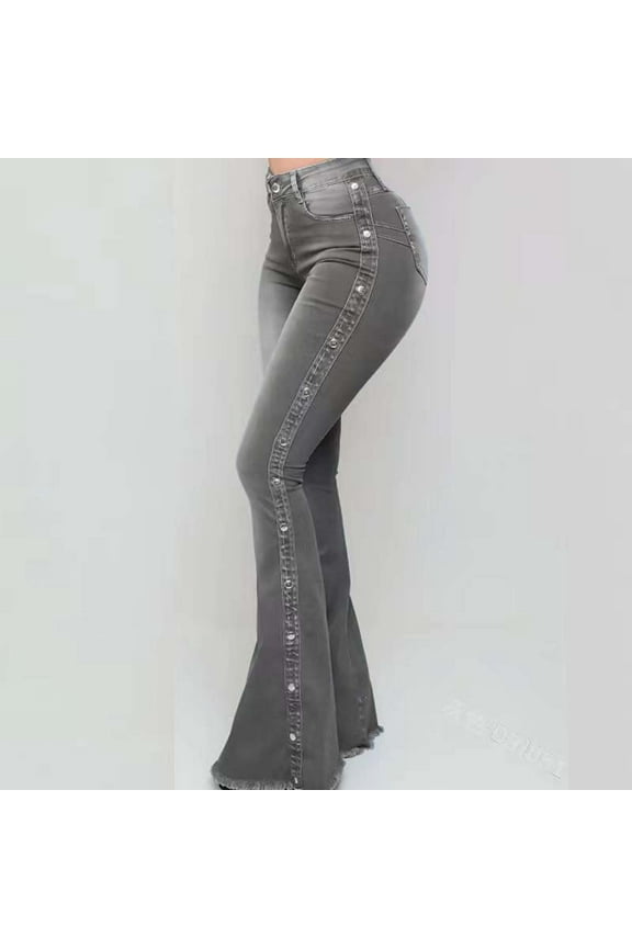 Stretchy Flare Jeans for Women High Waisted Raw Hem Bell Bottom Jeans Trendy Elastic Curvy Bootcut Jean Denim Pants Gray,XXL