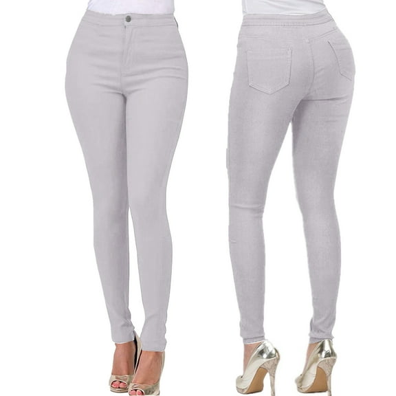YanHoo Stretchy Jeans for Women High Waist Jeggings Slim-Leg Skinny Jeans Trendy Casual Pull on Denim Pants with Pockets Gray,L