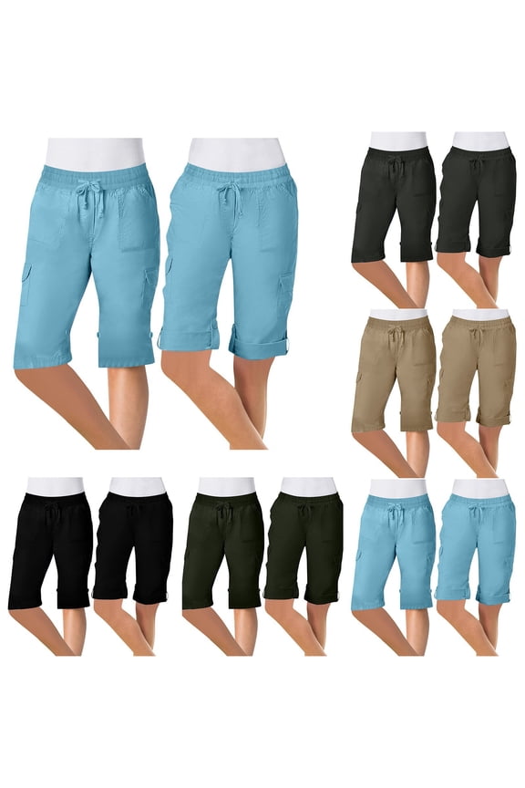 Summer Bermuda Shorts for Women 2026 Drawstring Waist Roll Up Hem Knee Length Cargo Shorts Solid Straight Half Pants Gray,M