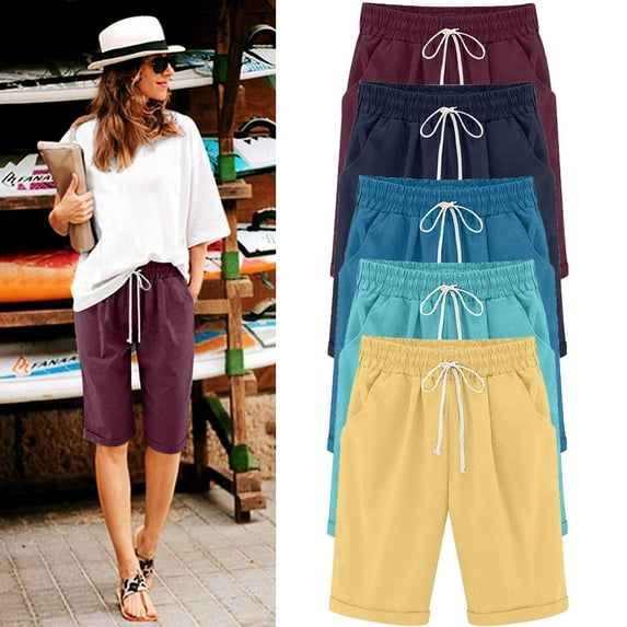 YanHoo Summer Bermuda Shorts for Women Plus Size Drawstring Waist Knee Length Shorts Casual Loose Comfy Cotton Gauze Short Blue,XXL