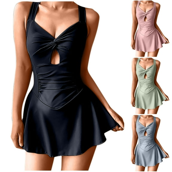 YanHoo Swimming Suits for Women One Piece Swim Dress Modest Cut Out Padded Twist Bathing Suits Full Coverage Ruched Swimwear Black,M