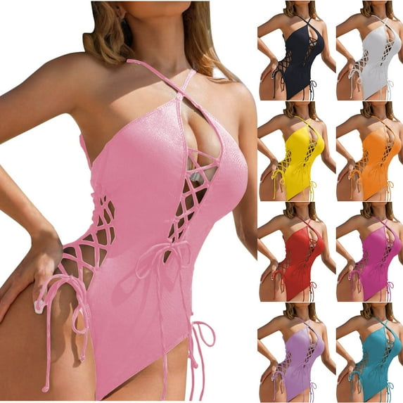 YanHoo Swimsuit Women 2026 Lace Up One Piece Swimsuits Plunge V Neck High Cut Bathing Suits Tummy Control Monokini Swimwear Red,M