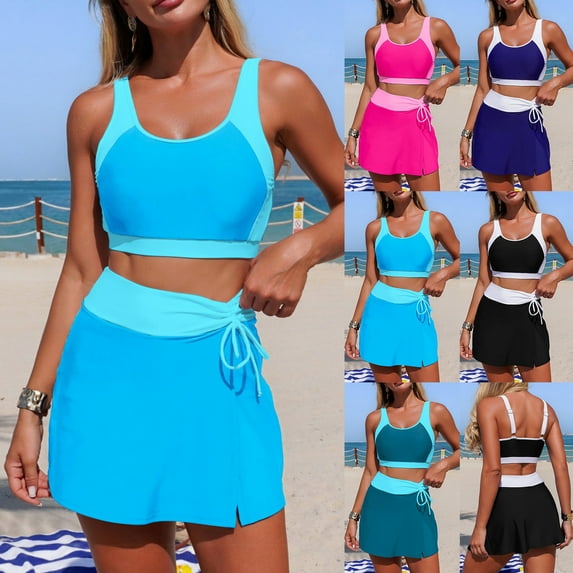 YanHoo Swimsuit for Women with Skirt Drawstring Two Piece Tankini Bathing Suit Color Block Athletic Cropped Swim Tank Tops Sky Blue,M
